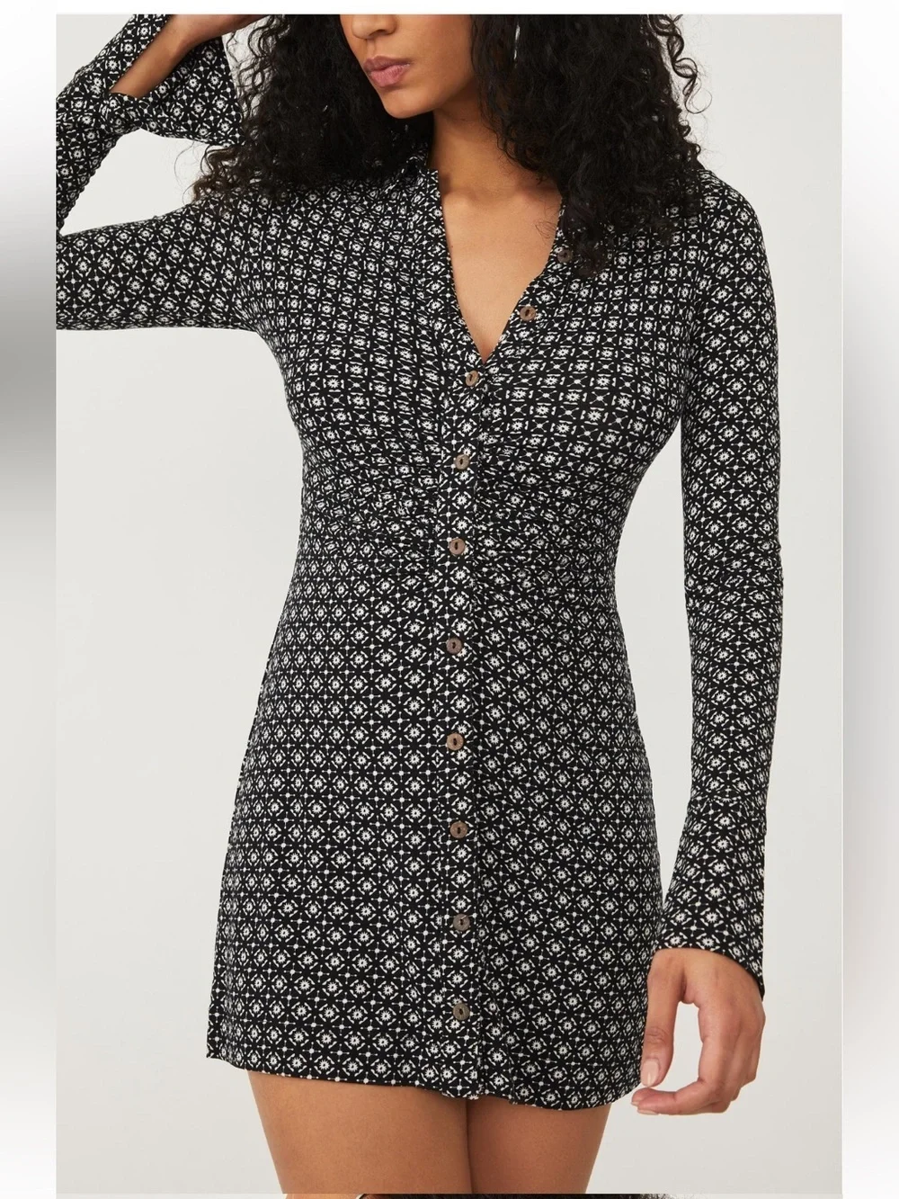 Free People Shayla Button Front Mini Dress Black AOP - Small -